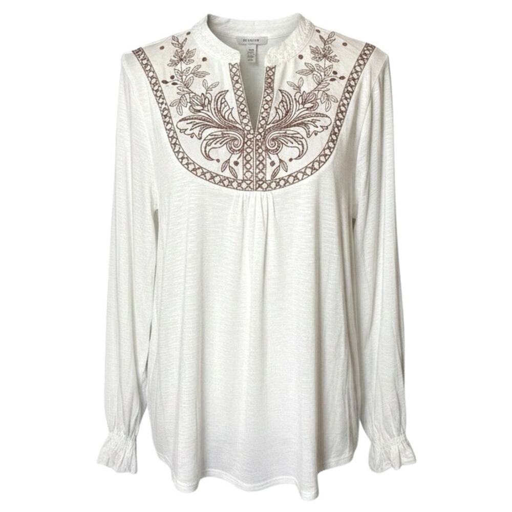 NWT Democracy Embroidered Boho Peasant Top Large White Brown Cottagecore